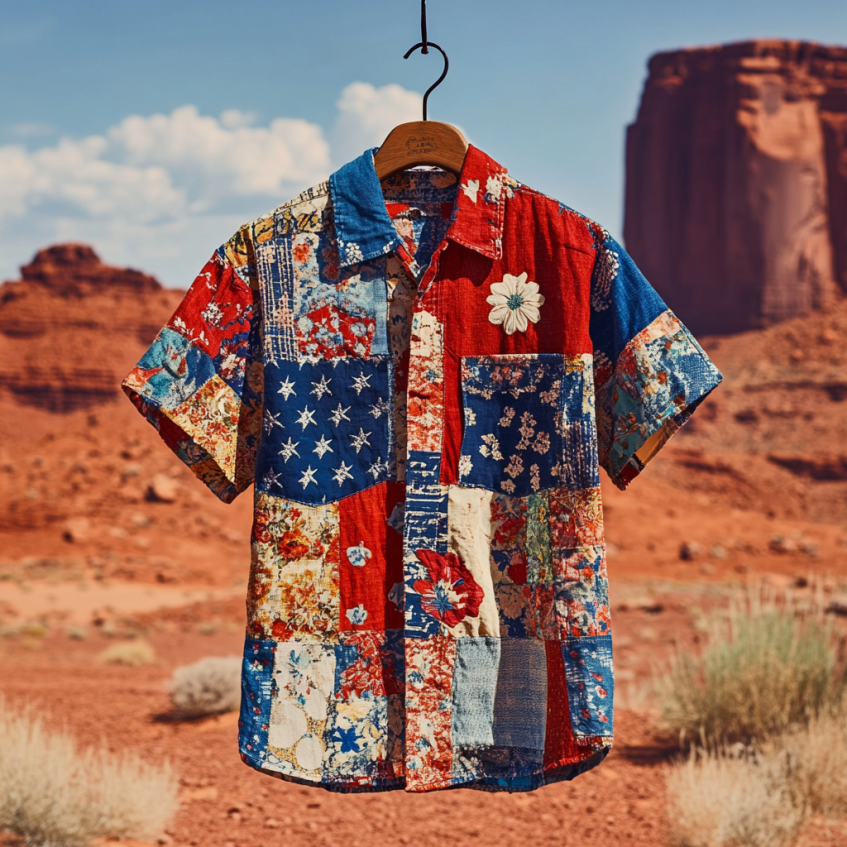 Men's Independence Day America Blue Red With Floral Patchwork Pattern Art Casual Short Sleeve Shirts