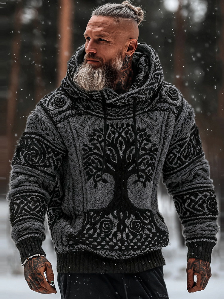 Men's Viking Tribal Jacquard Celtic With Rose And Tree Of Life Inspired Chunky Knit Hooded Sweater