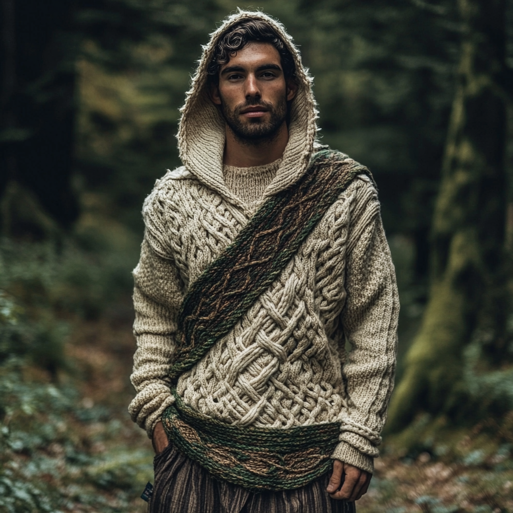 Men's Irish Celtic Knotted Chunky Irregular Cable Knit Hooded Sweater