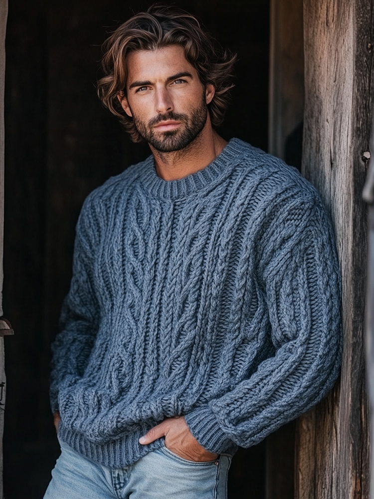 Men'S Burlap Jacquard Crew Neck Aran Sweater