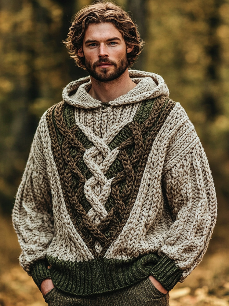 Men's Irish Celtic Knotted Chunky Knit Hooded Sweater