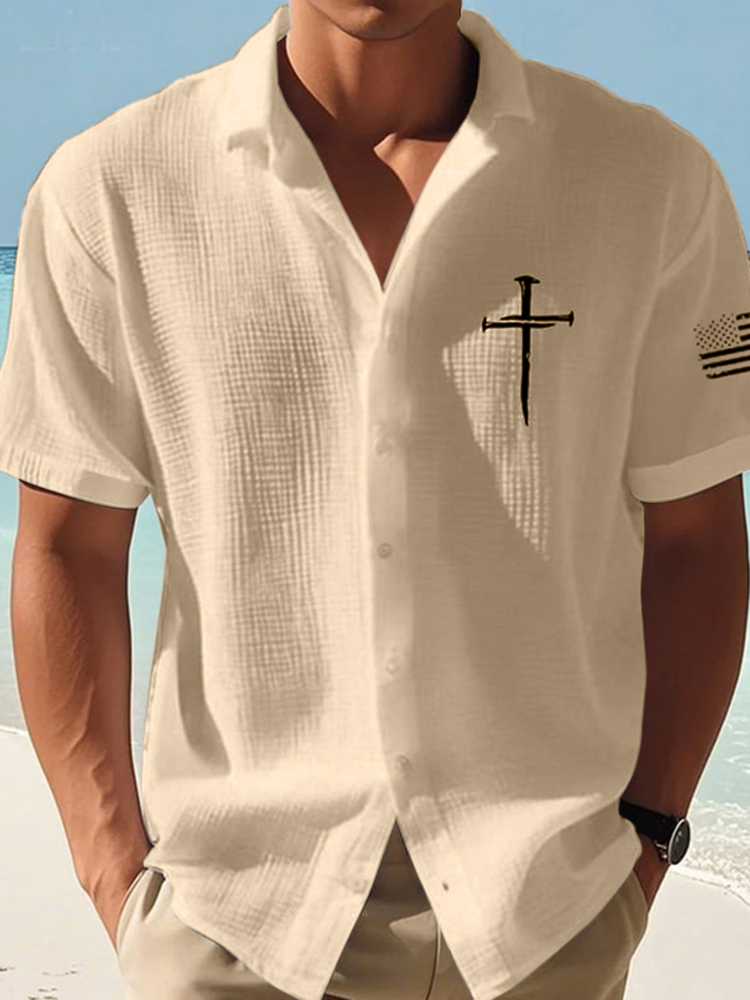Men's Faith Cross Print Short Sleeve Linen Shirt