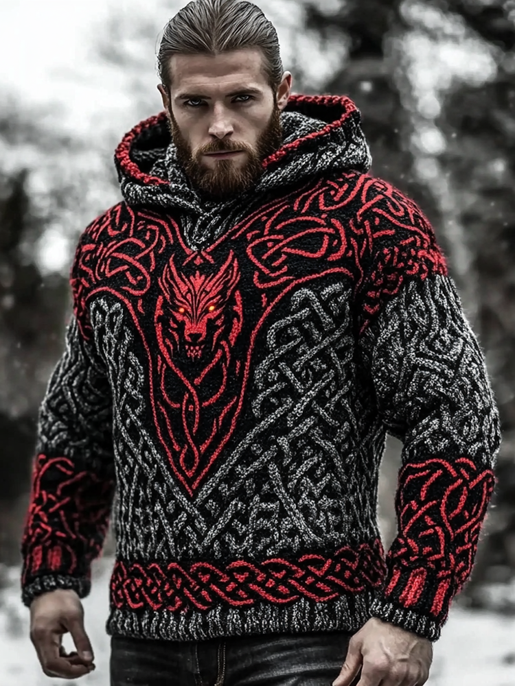 Vintage Viking Wolf Chunky Knit Jacquard Men's Hooded Sweater
