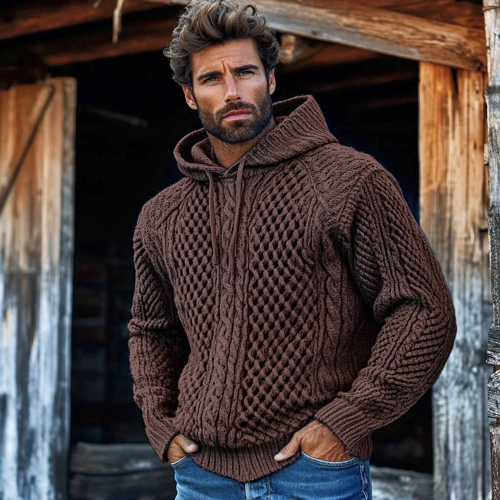 Men'S Waffle Knit Pattern Hooded Sweater