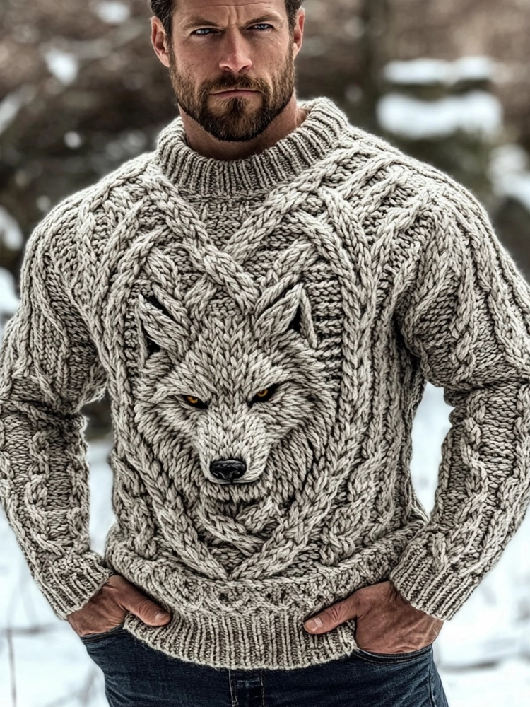 Men's Wolf Inspired Viking Celtic Jacquard Cozy Sweater
