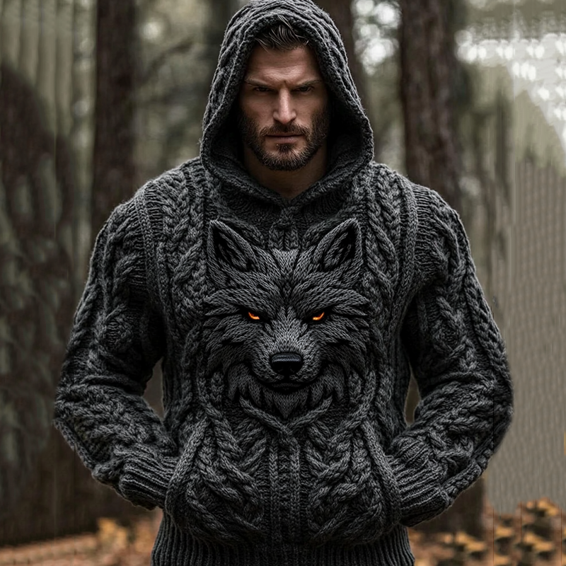 Men's Vintage Wolf Viking Celtic Chunky Cozy Hooded Sweater