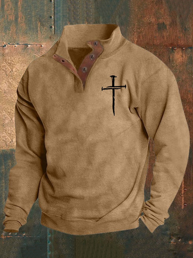 Men's Faith Cross Printed Stand Collar Button Sweatshirt