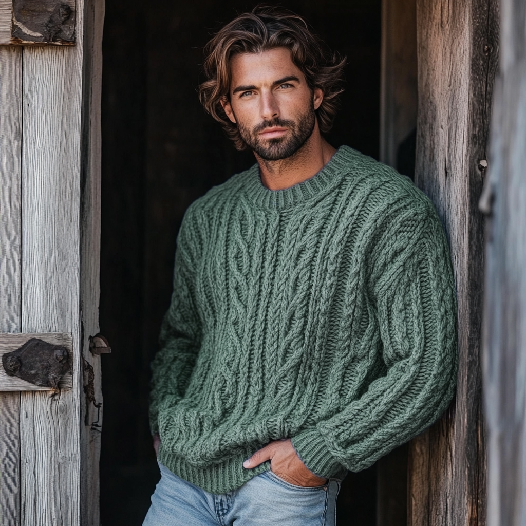 Men'S Burlap Jacquard Crew Neck Aran Sweater