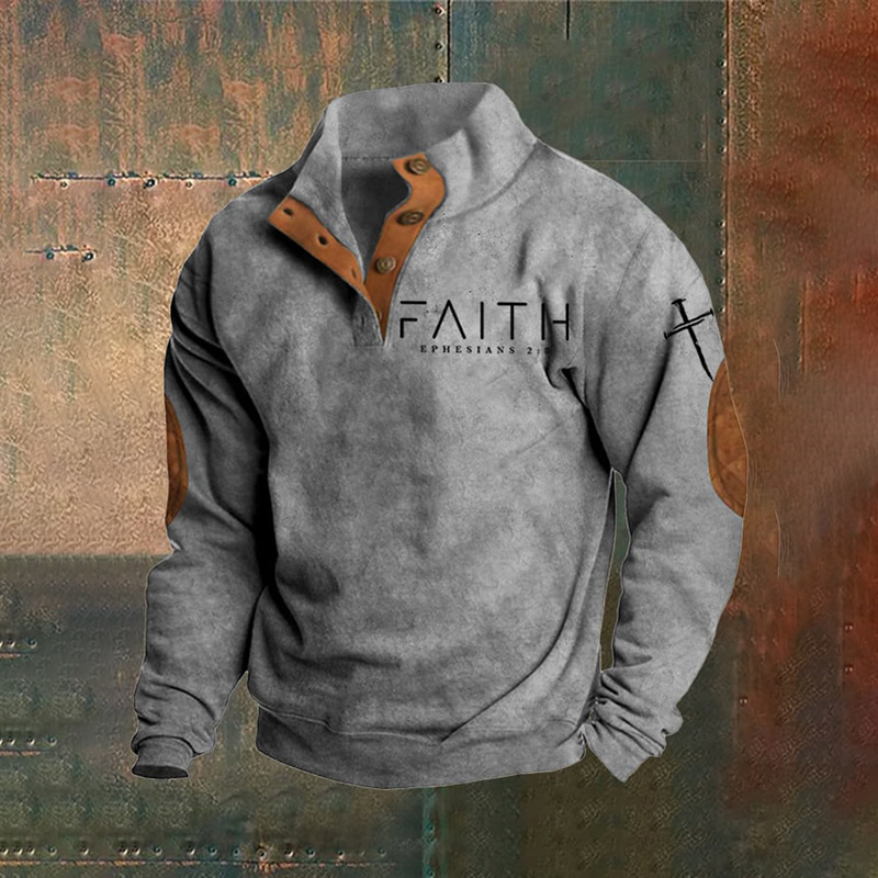Men's Faith Cross Printed Stand Collar Button Sweatshirt