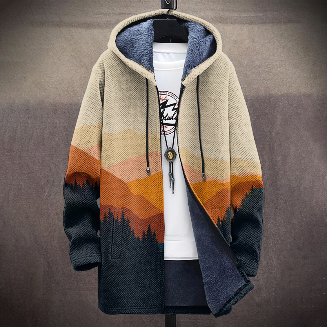 Retro Modern Boho Featuring Colorful Mountains Trees And Afternoon Sun Print Long Sleeve Hooded Cardigan Jacket