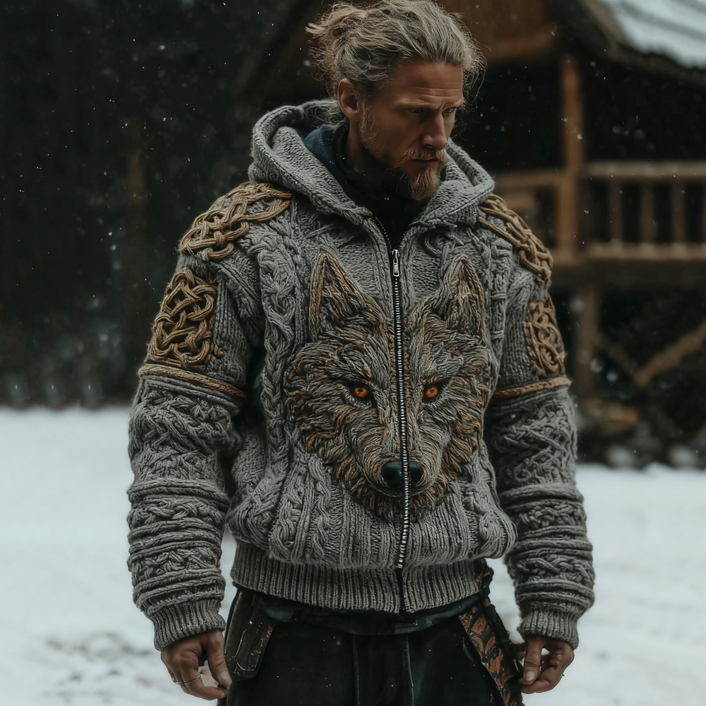 Men's Vintage Viking Wolf Pattern Zip Up Knit Hooded Sweater