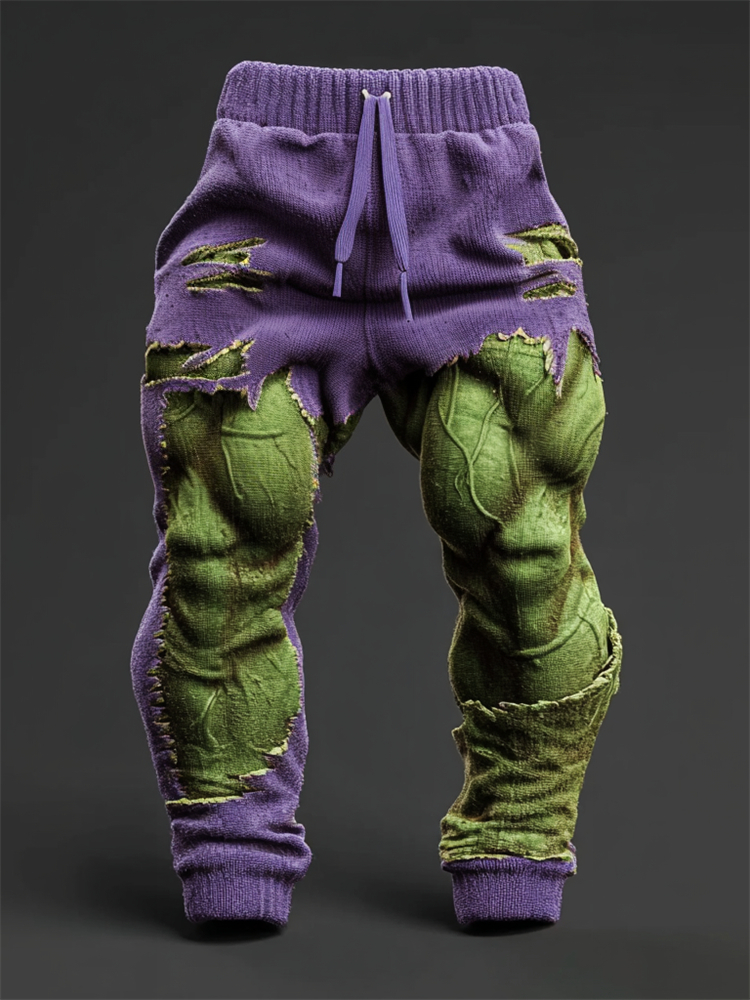 Men's Christmas Season Muscle Line Contrast Distressed Cozy Knit Sweatpants