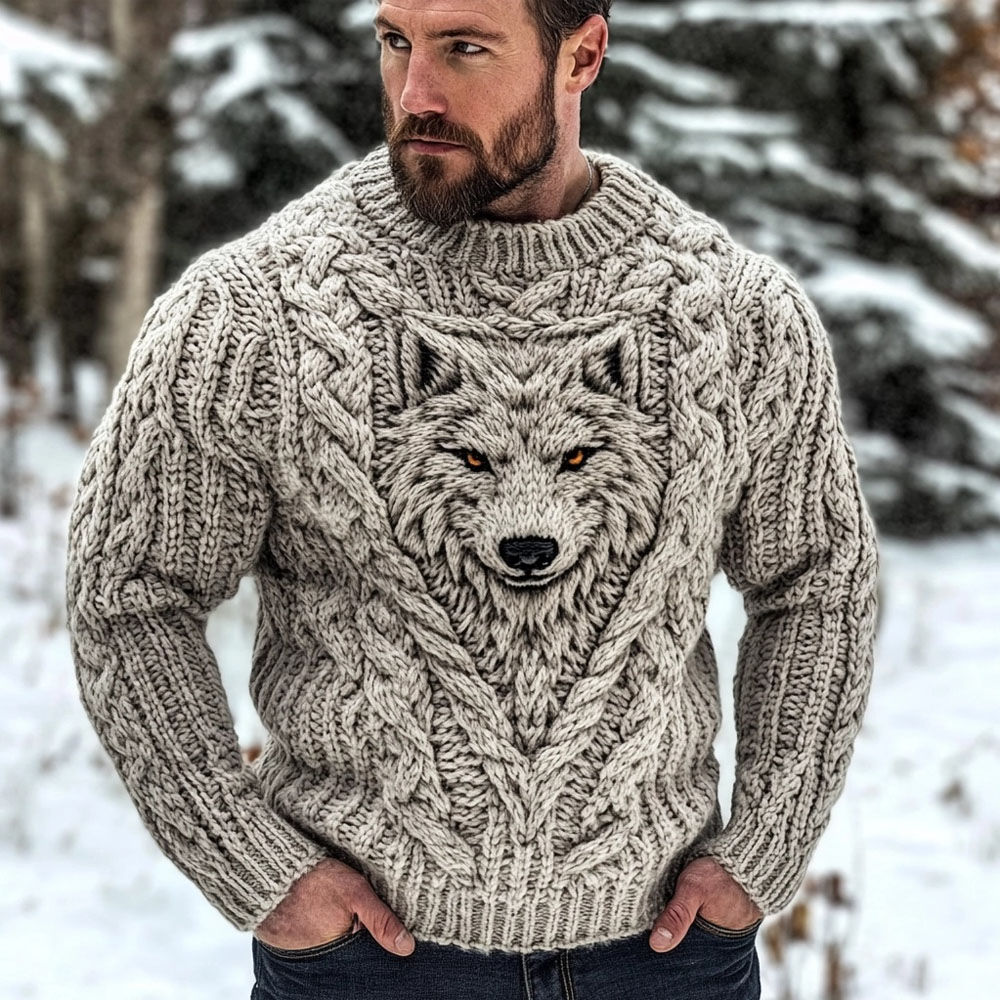 Men's Wolf Inspired Viking Celtic Jacquard Cozy Chunky Sweater