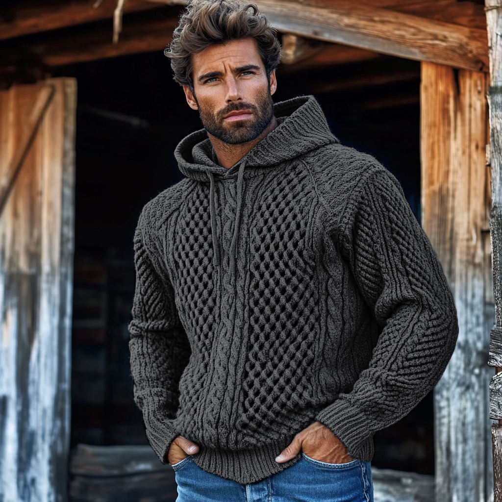 Men'S Waffle Knit Pattern Hooded Sweater