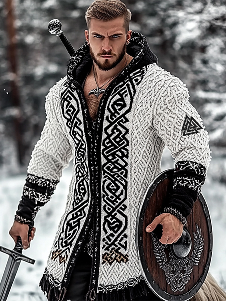 Men's Viking Tribal Jacquard Celtic Style Knitted Hooded Sweater