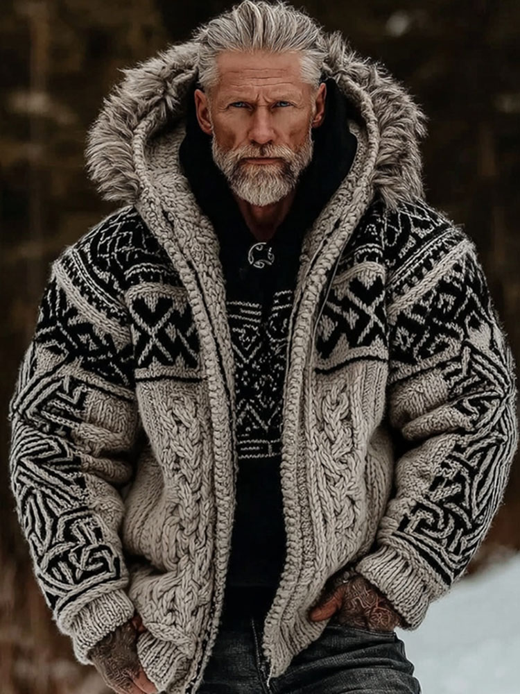 Men's Viking Celtic Art Cozy Fur Collar Knit Hooded Sweater Jacket