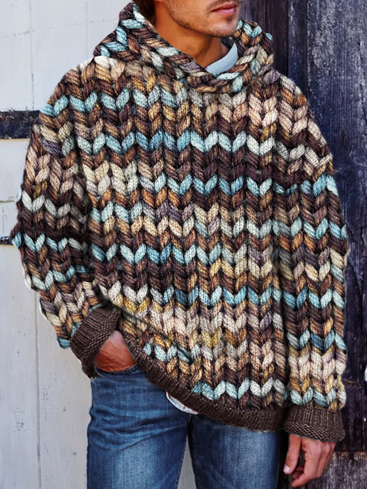 Men's Retro Earthy Colorful Knit Chunky Hooded Sweater
