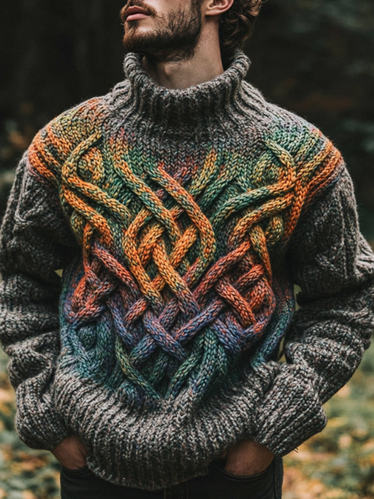 Vintage Rainbow Irish Celtic Knotted Warmth Knit Jacquard Turtleneck Sweater