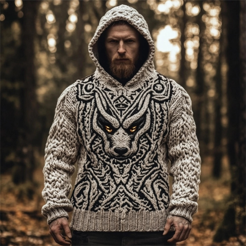 Men's Viking Wolf Celtic Cozy Chunky Hooded Sweater