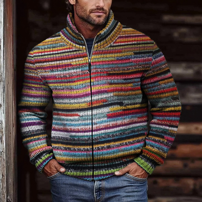 Men's Western Mexican Colorful Striped Cozy Knit Cardigan