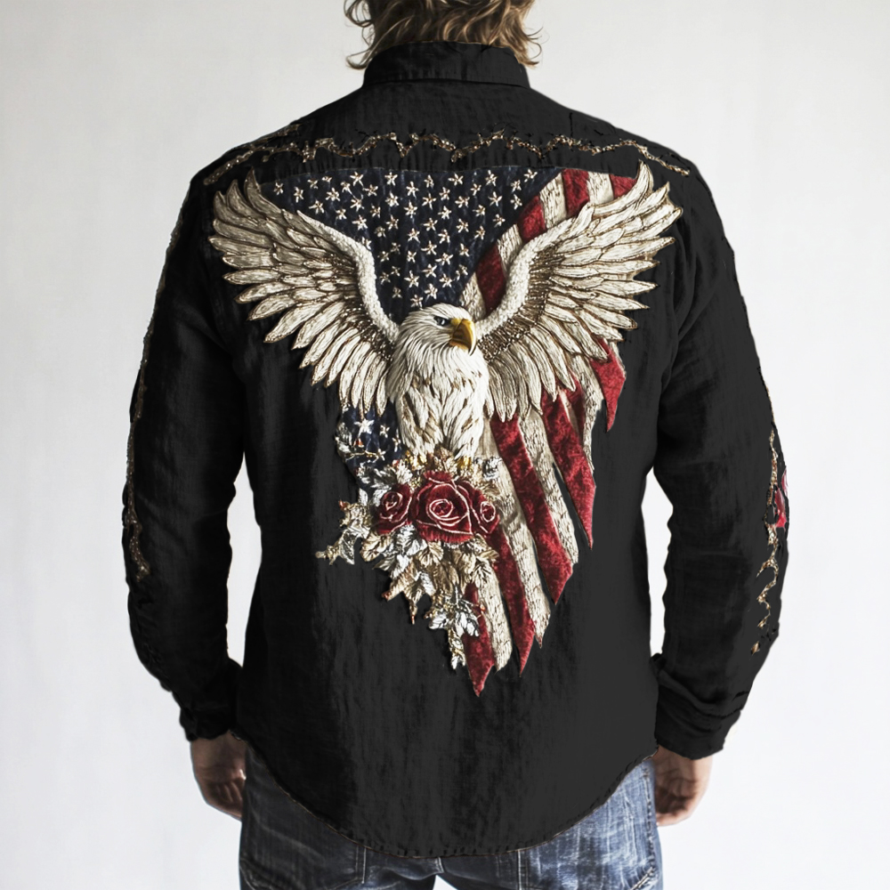 Western Style Flag & Bald Eagle Embroidered Art Men's Long Sleeve Shirt