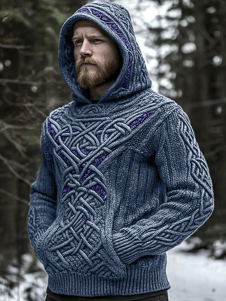 Men's Viking Jacquard Celtic Style Cozy Knit Hooded Sweater