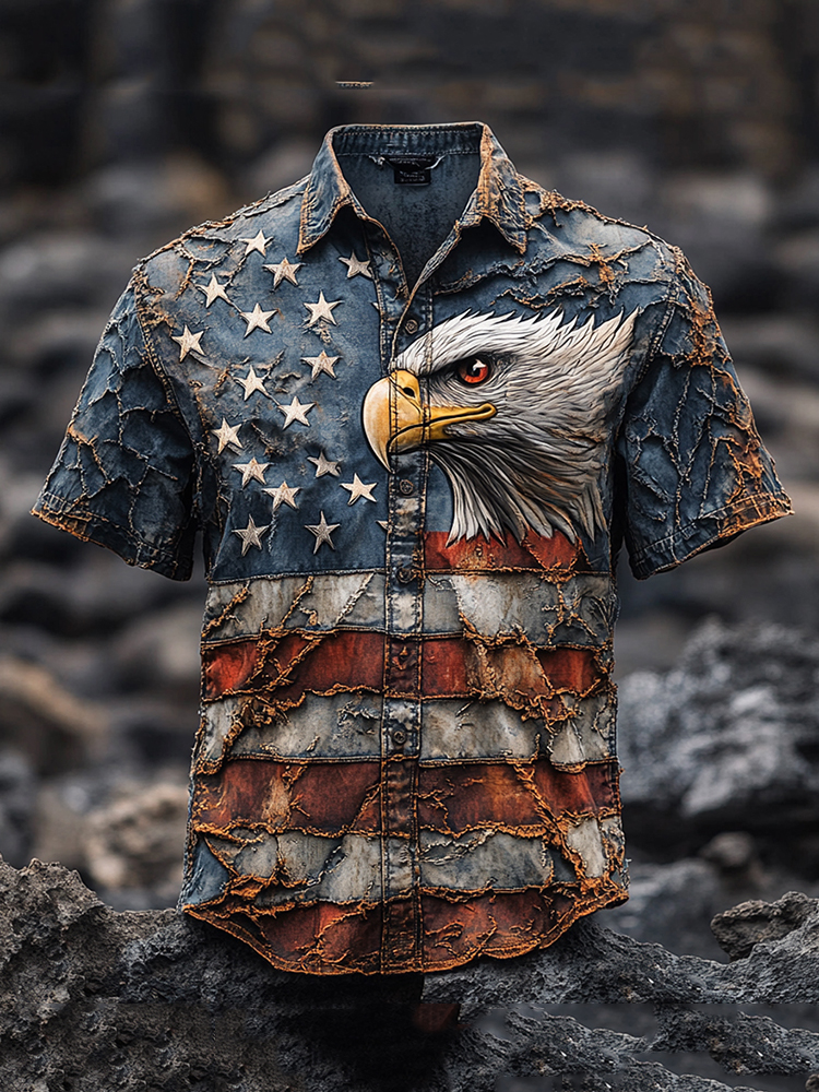 Men's Vintage Independence Day Flag Eagle Print Short Sleeve Shirt