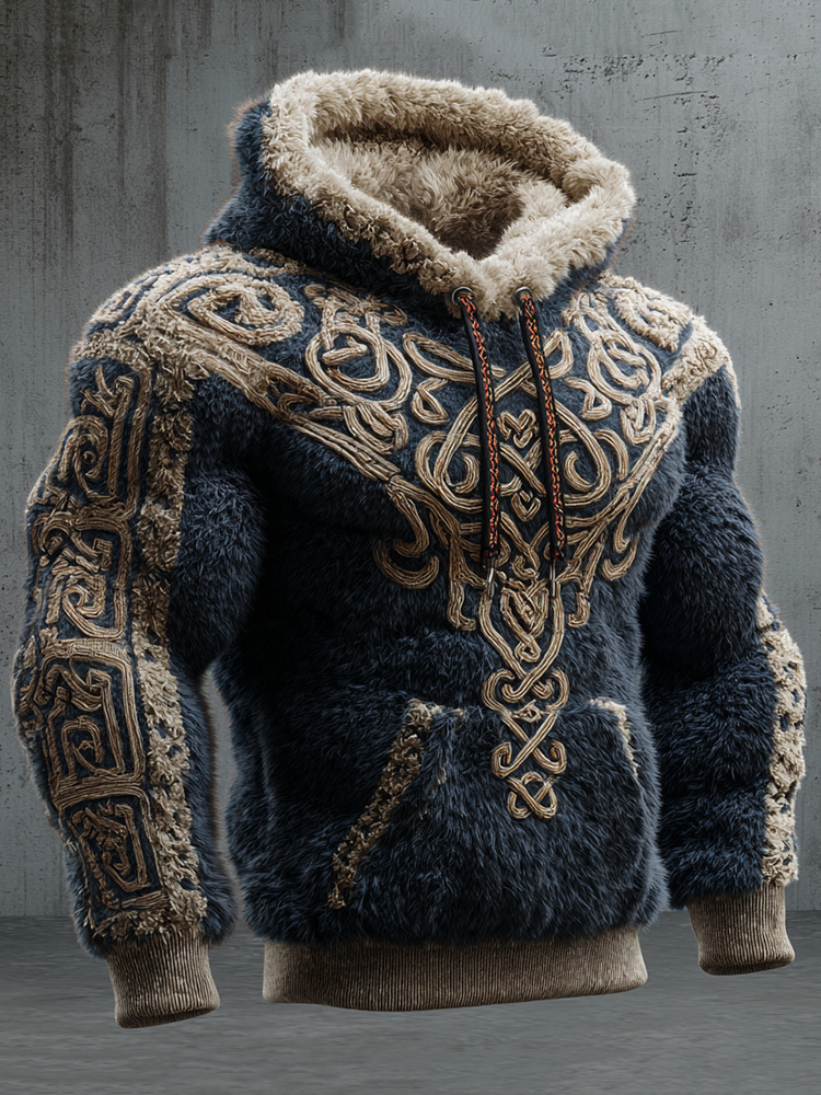 Men's Vintage Viking Tribal Jacquard Celtic Inspired Art Plush Warm Hoodie