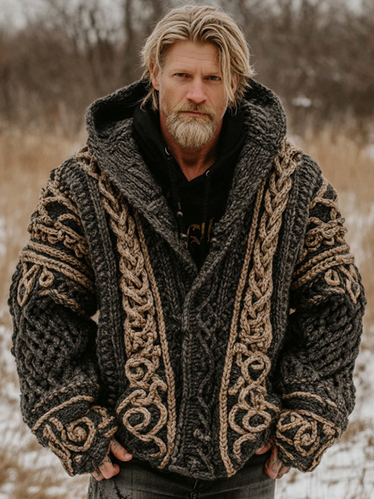 Men's Viking Celtic Geometry Pattern Art Knitted Hooded Sweater