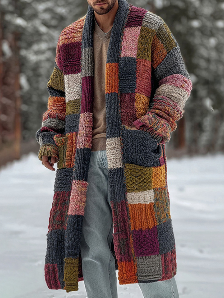 Men's Vintage Geometric Block Knit Warm Sweater Long Cardigan