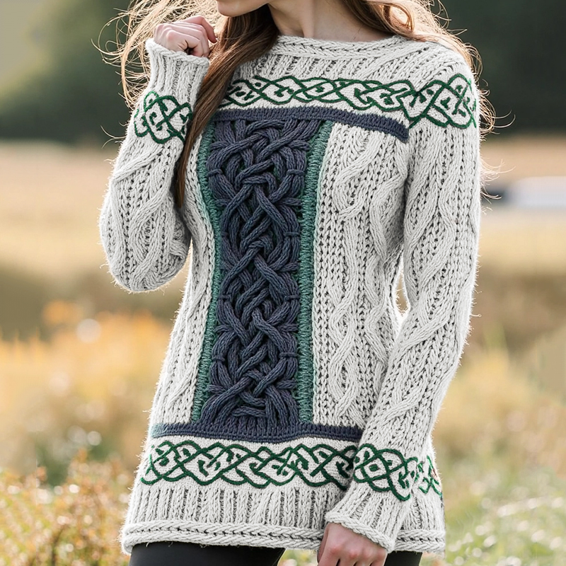 Women's Irish Celtic Knotted Contrast Jacquard Sweater