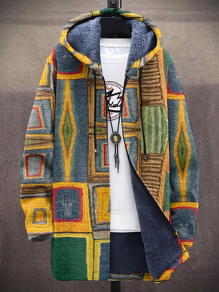 Retro Geometric Color Blocks Hooded Cardigan Jacket