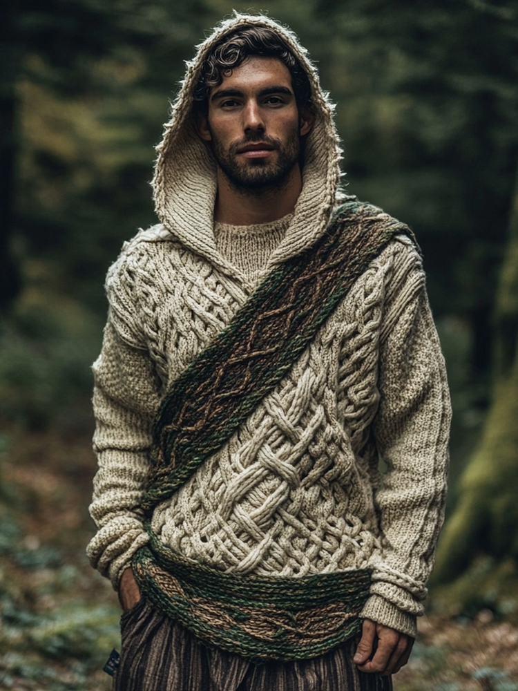Men's Irish Celtic Knotted Chunky Irregular Cable Knit Hooded Sweater