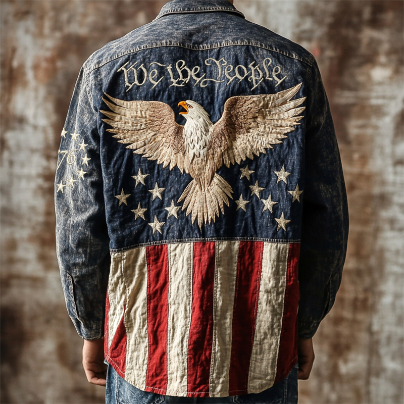Men's Independence Day We The People Eagle Embroidered Linen Shirt