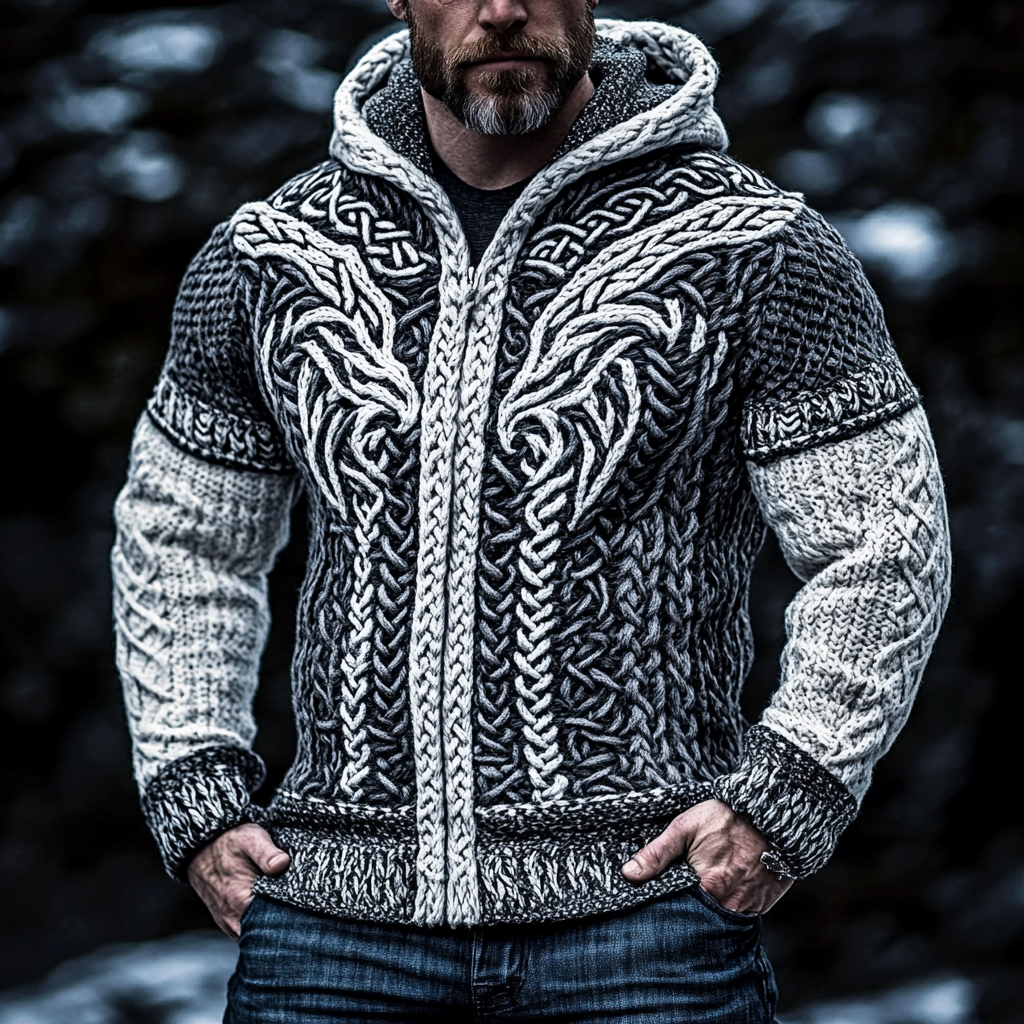 Men's Viking Wolf Style Celtic Thick Zip Hooded Sweater