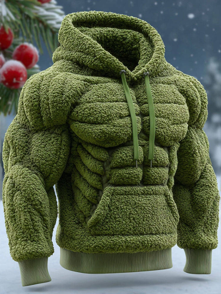 Men's Vintage Muscle Line Art Flannel Warm Hooded Sweatshirt