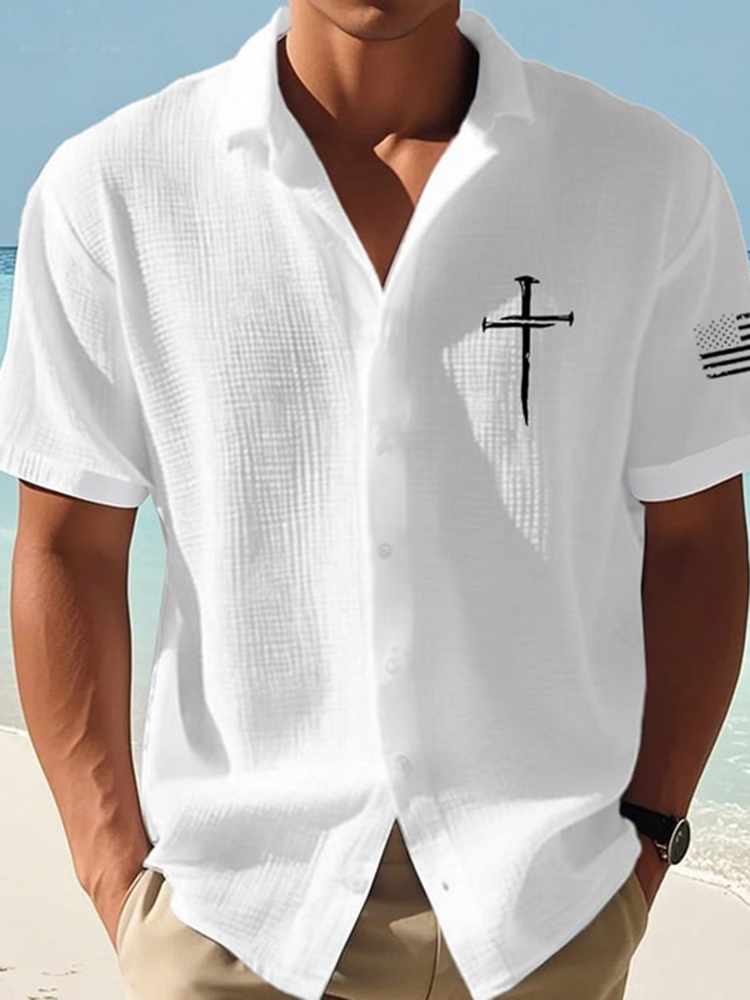 Men's Faith Cross Print Short Sleeve Linen Shirt