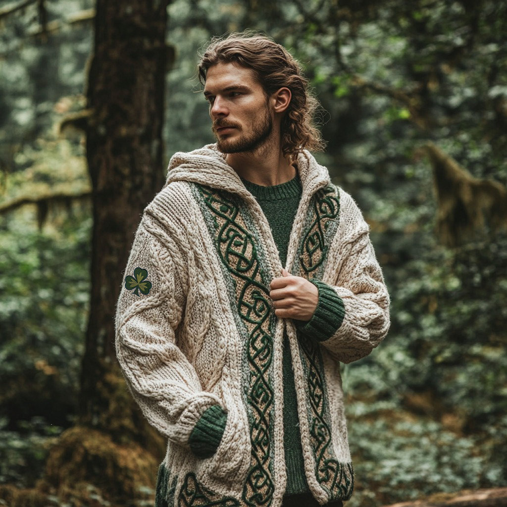 Men's Ireland Celtic Knot Shamrock Zipper Hooded Cardigan