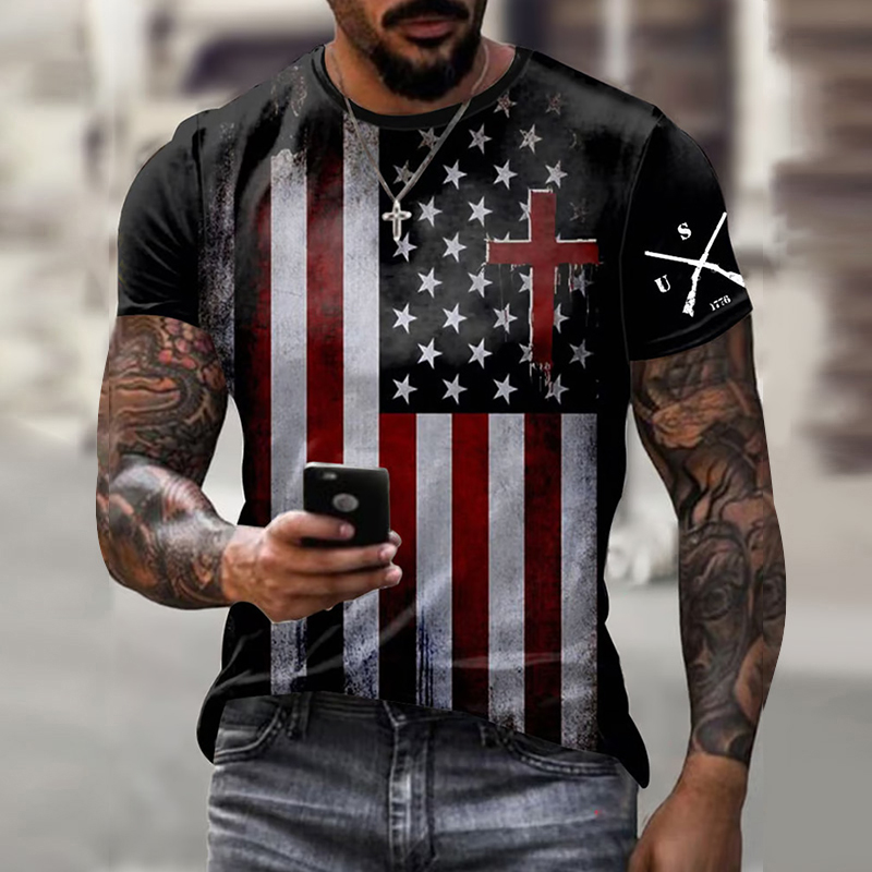 Men's Retro American Flag Cross 1776 Print T-shirt