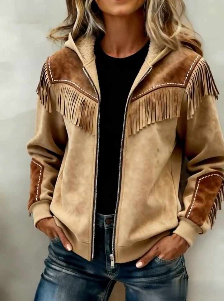 Women'S Casual Color Block Tassel Jacket