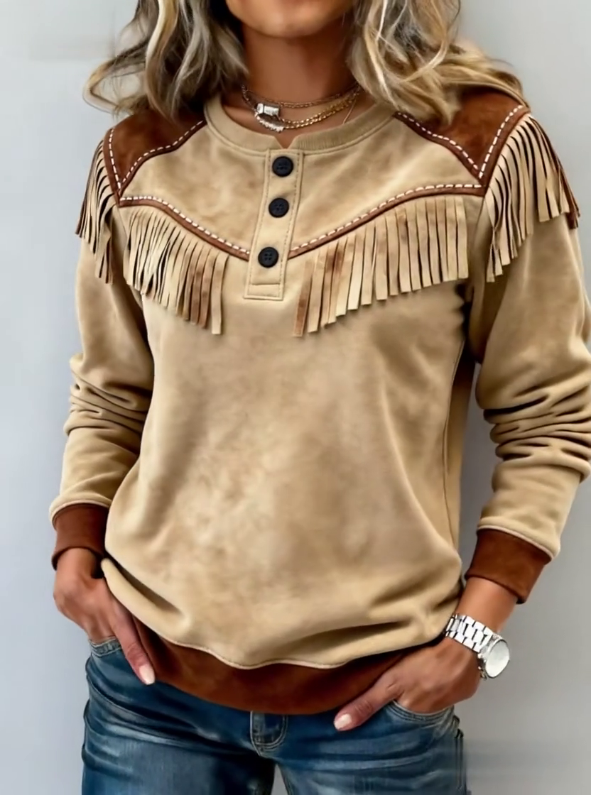 Women'S Casual Color-Blocked Tassel Pullover Sweatshirt