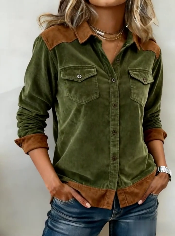 Women'S Casual Color-Blocked Patchwork Shirt