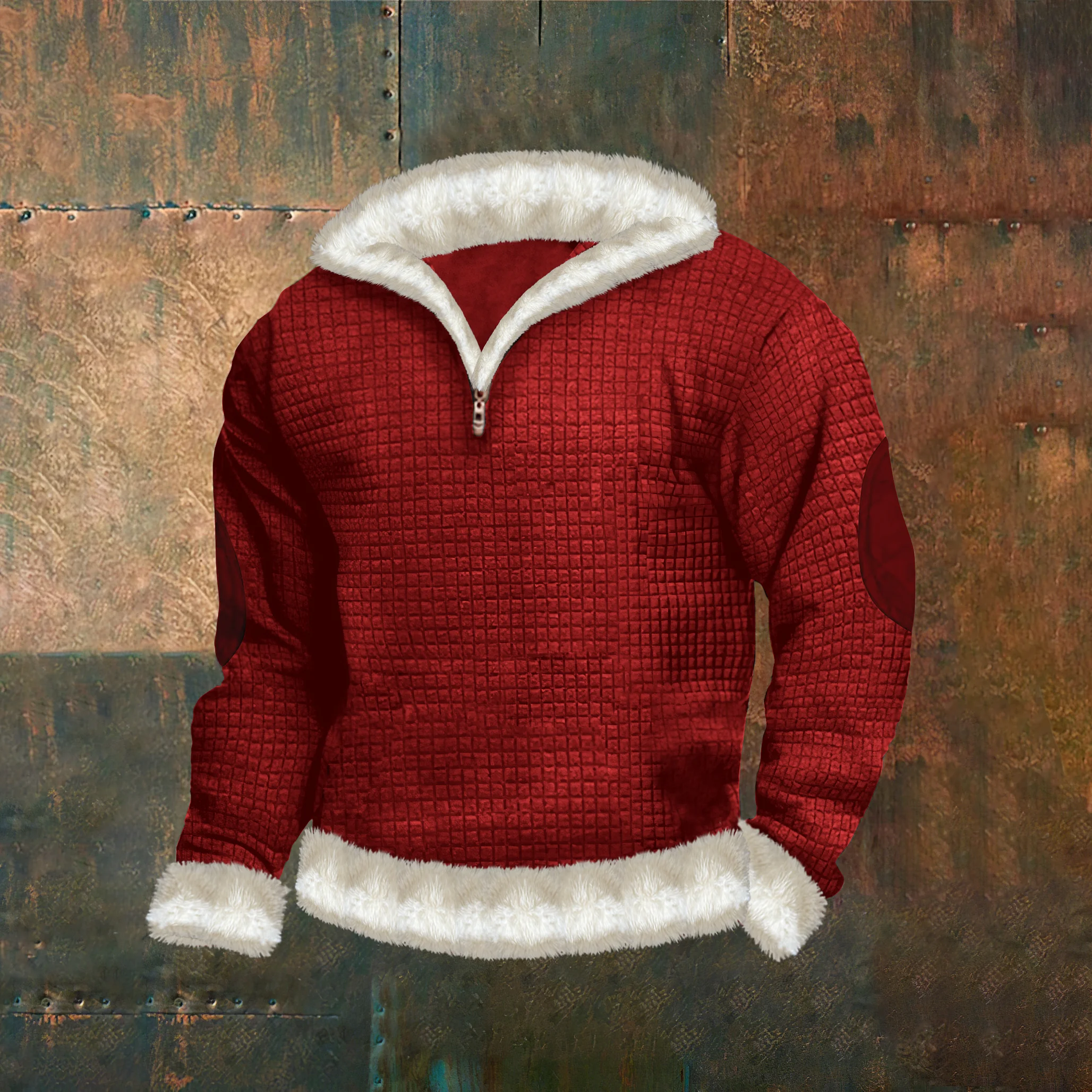 Men's Fur Collar Red Christmas Printed Zipper Sweatshirt