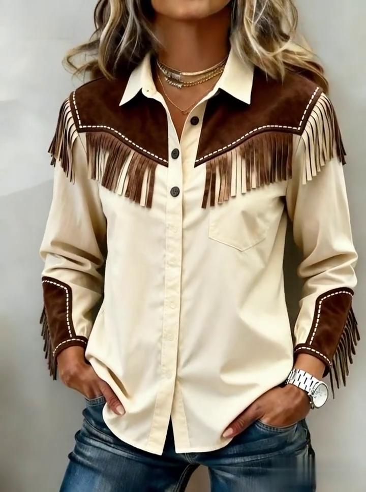 Women'S Casual Color-Blocked Fringed Shirt