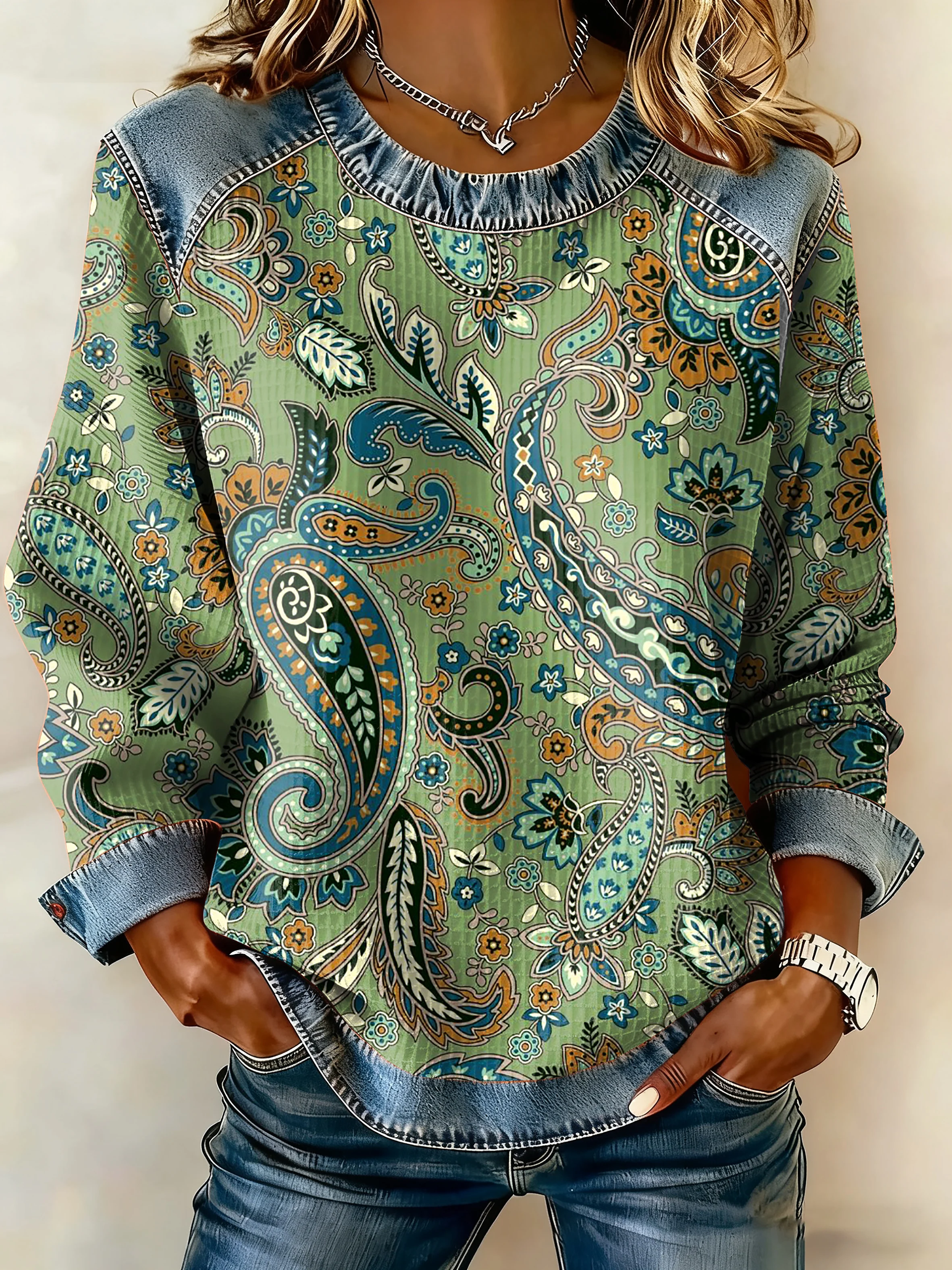 Women's Casual Retro Paisley Waffle Denim Sweatshirt