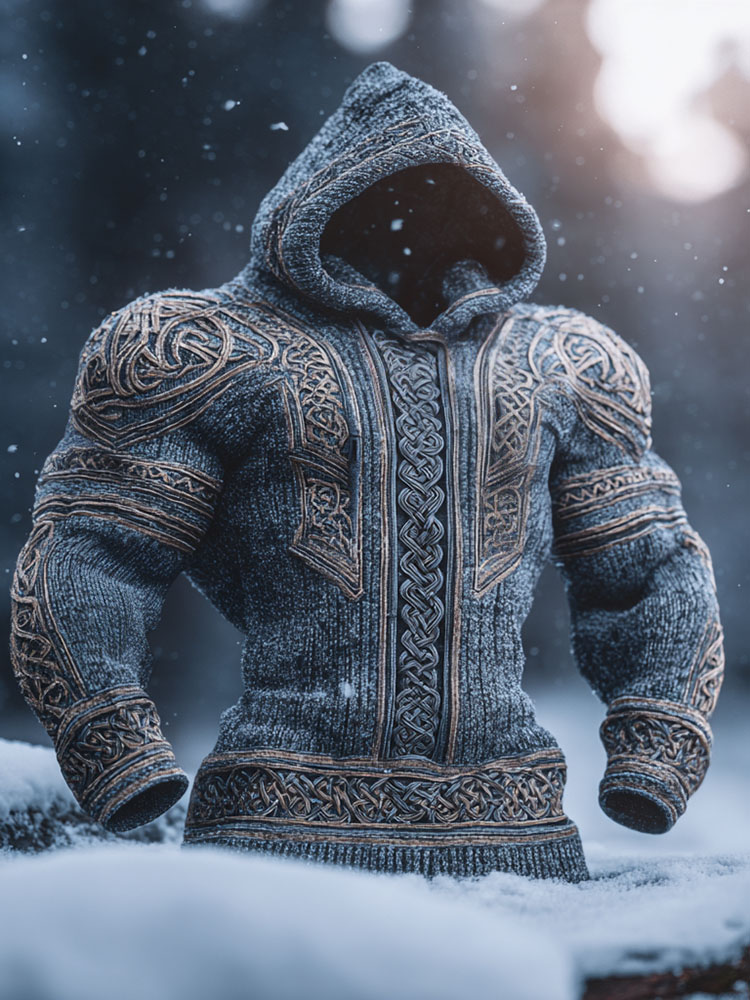 Men's Ancient Viking Tribal Art Inspired Winter Warmth Knit Woolen Hooded Sweater