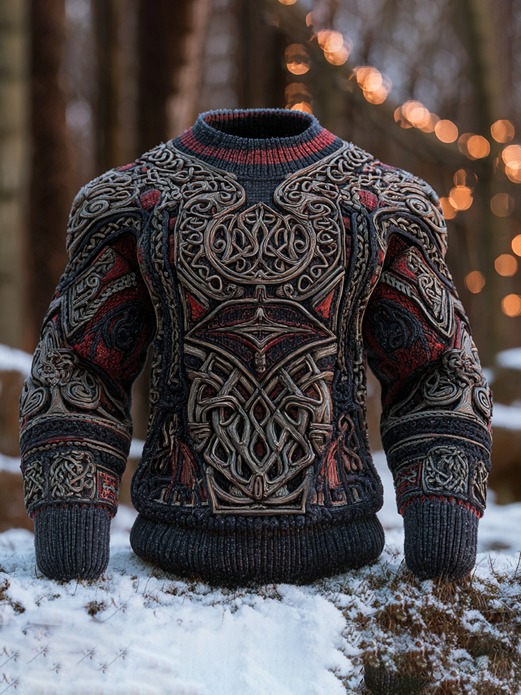 Men's Ancient Viking Tribal Art Inspired Winter Warmth Knit Woolen Sweater