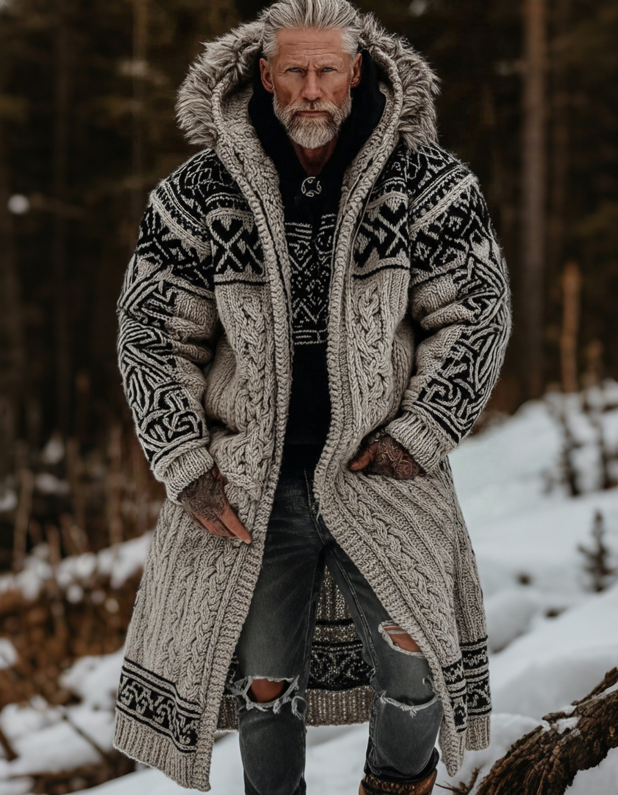 Men's Retro Celtic Knot Art Knit Mid-length Fur Collar Hooded Cardigan