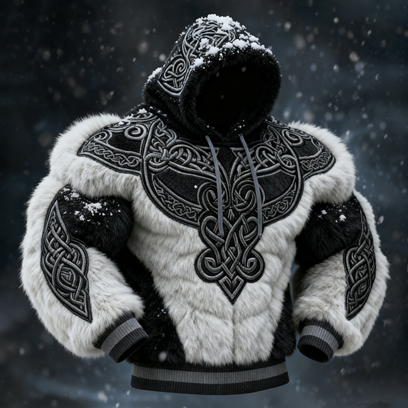 Men's Viking Tribal Jacquard Art Inspired Muscle Line Art Plush Warm Hoodie