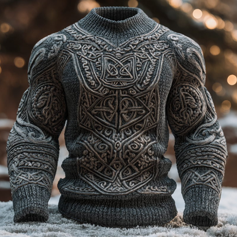Men's Ancient Viking Tribal Jacquard Art Inspired Winter Warmth Knit Woolen Sweater
